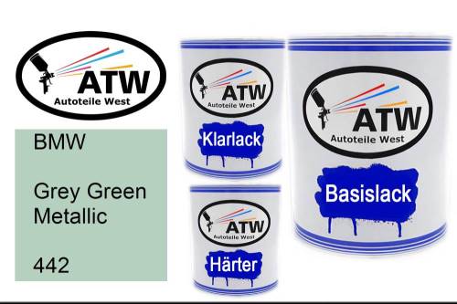 BMW, Grey Green Metallic, 442: 1L Lackdose + 1L Klarlack + 500ml Härter - Set, von ATW Autoteile West.